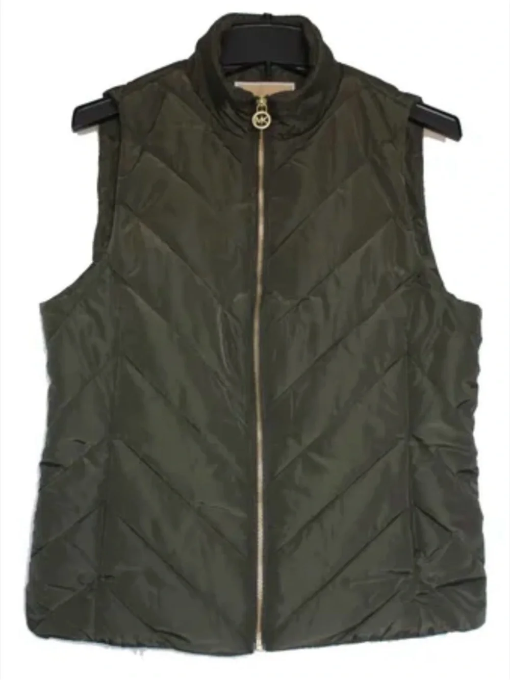 Michael Kors Olive Green Quilted Sleeveless Puffer Vest with Gold Zipper, Sz L